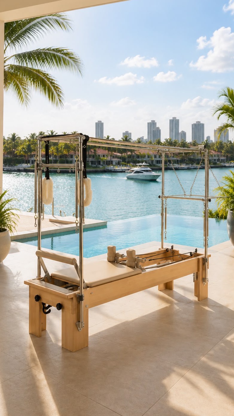 Pilates equipment set up poolside at a client home